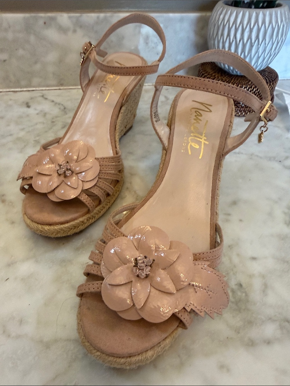 Nanette Lepore Blush Pink Espadrille Wedge Sandals with Flower Applique